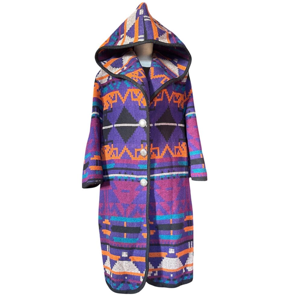 Vintage Jofeld Wool Aztec Long Full Length Hooded Coat Conch Buttons Medium - Picture 2 of 16
